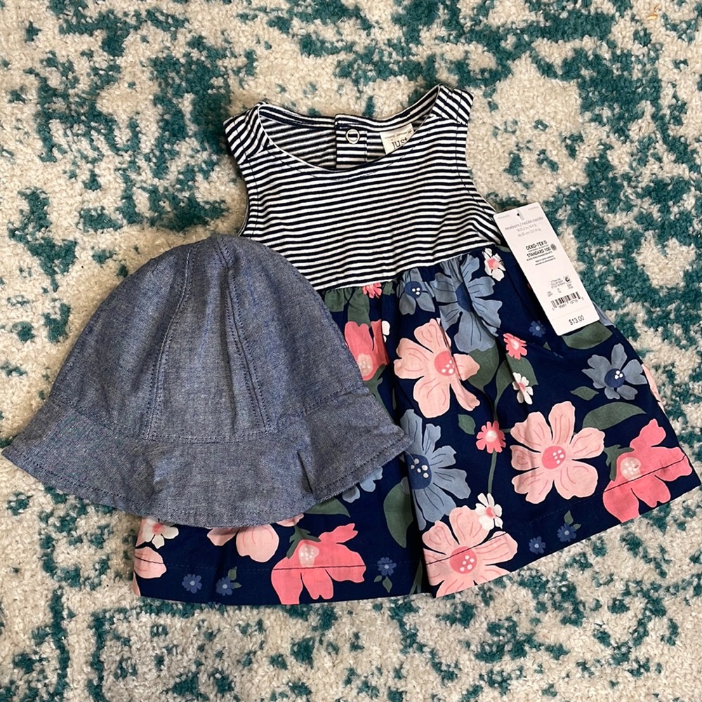 NWT carters 3 piece set striped and floral dress, bloomers, and sun hat